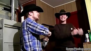 Cowboy pisses in his own mouth and jerks off with his affiliate